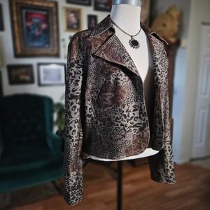 Picadilly Fashions Leopard Metallic Moto Jacket Brown Gold Womens Cropped Blazer